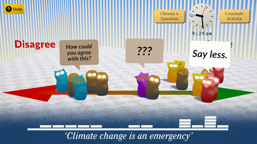 Diem: The Spectrum of Beliefs exercise, colourful owl-inspired citizens are arranged in a row from Agree to Disagree, with speech bubbles reacting to the prompt "Climate change is an emergency."