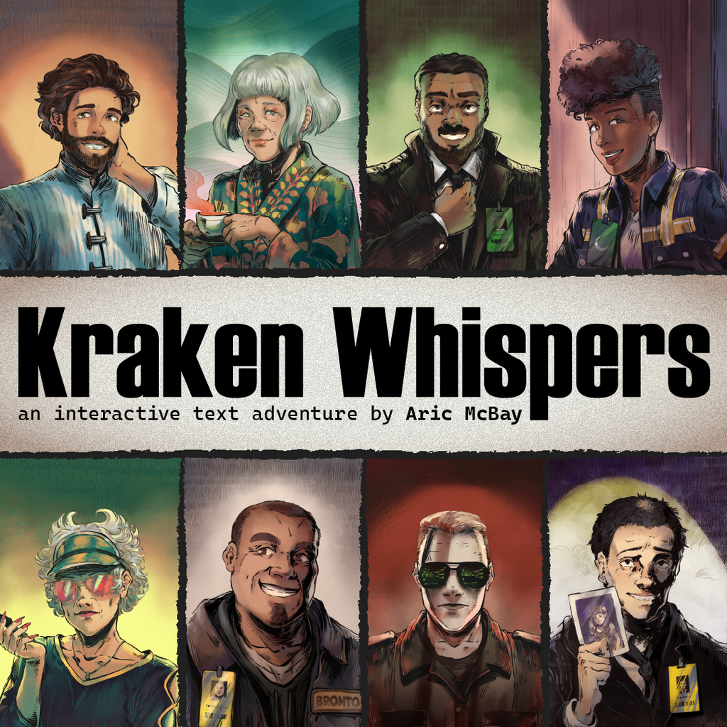 Illustrated portraits of 8 characters from Kraken Whispers, an interactive text adventure.