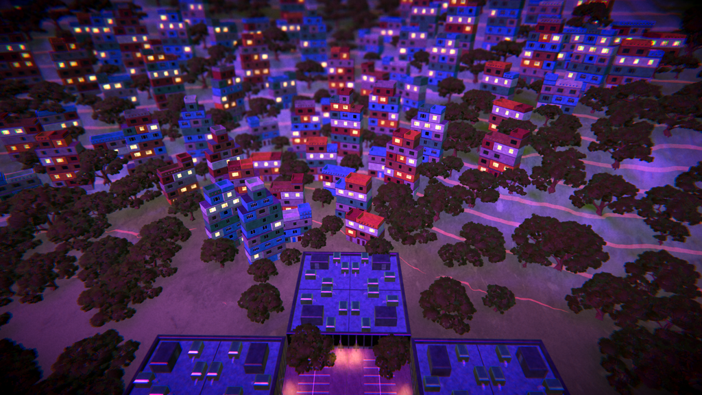 A colourful favela lit up at night, with a large data centre. 