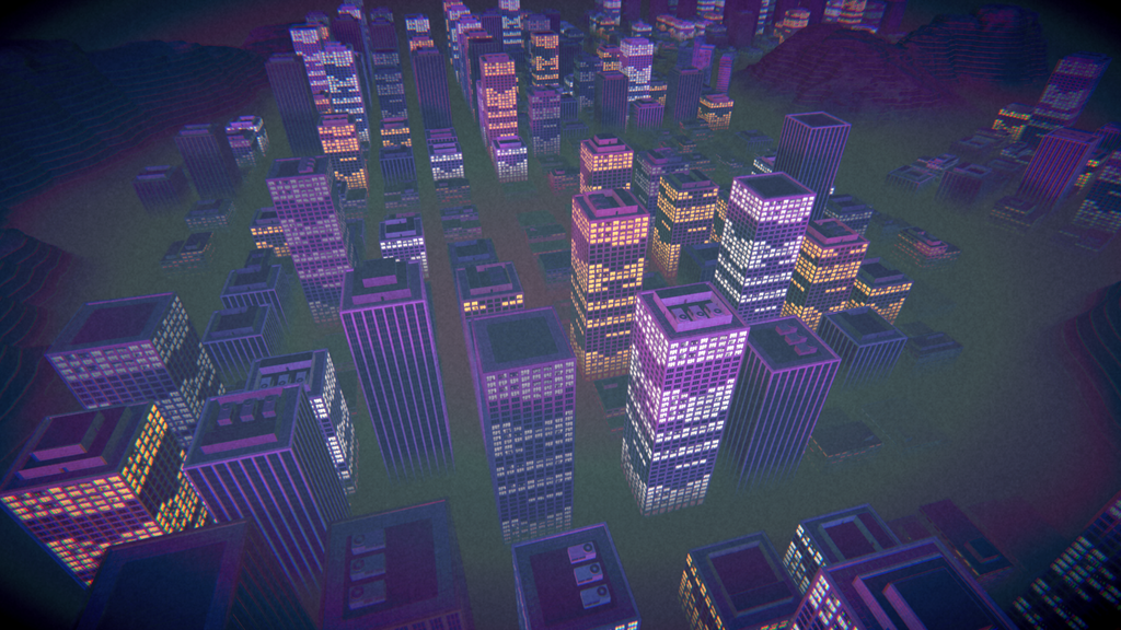 A cityscape of dense skyscrapers lit up at night.