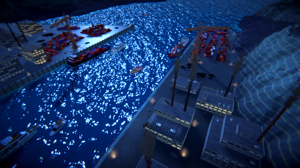 A sea port with large factory buildings, shipping containers and ships.